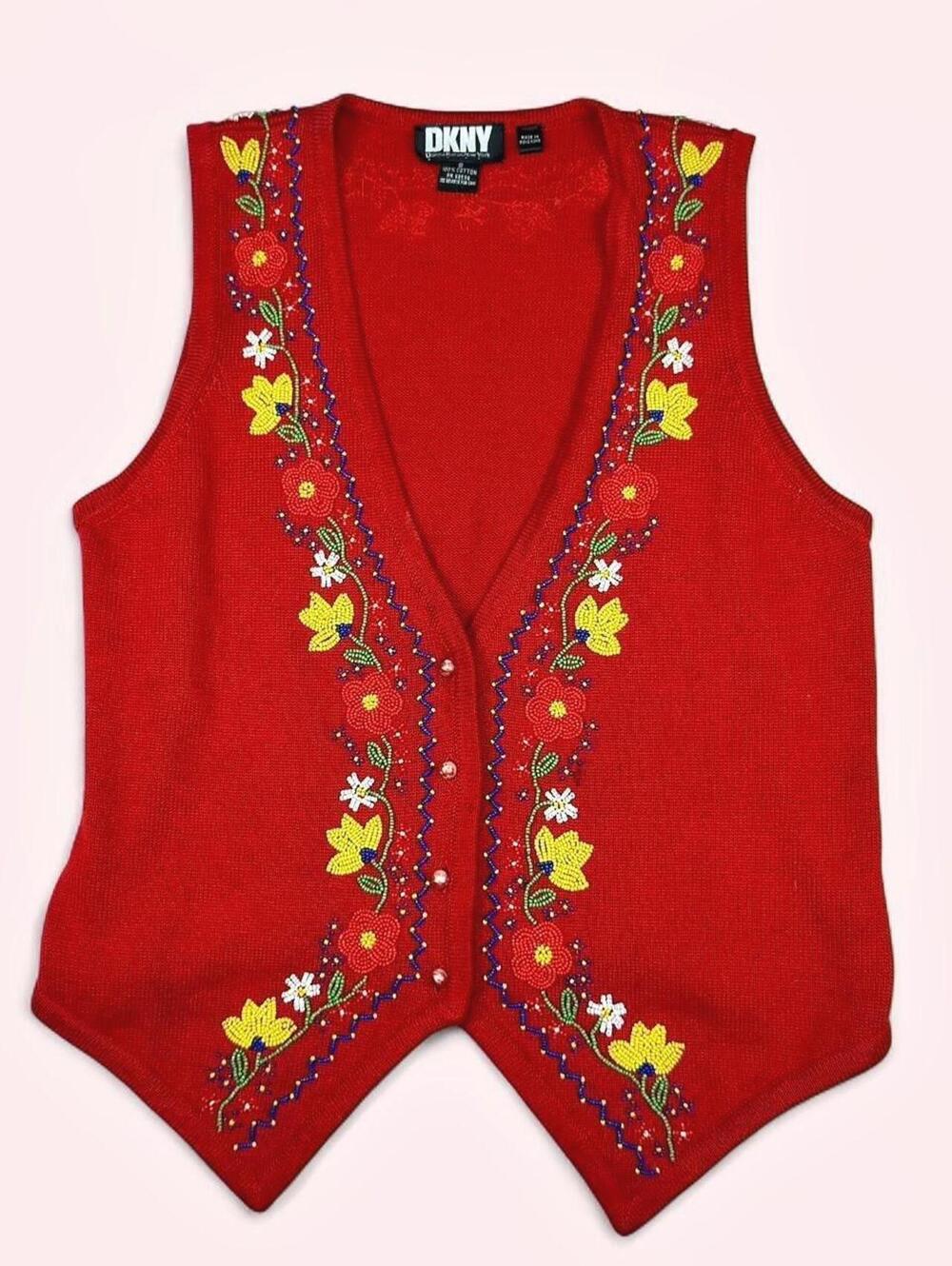 DKNY red beaded flowers vest